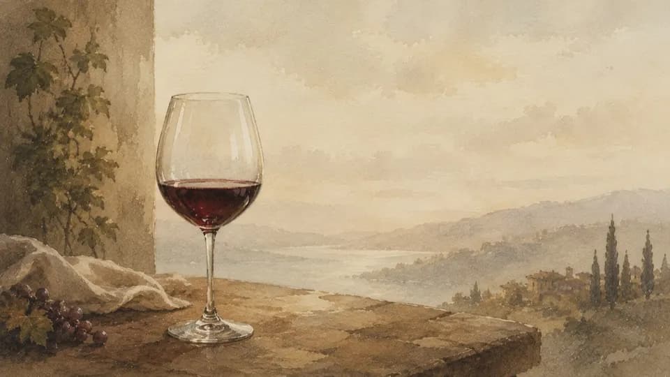 Aquarell: Ein Rotweinglas auf einer Steinbrüstung, dahinter Flusstal und Hügel im Abendlicht.