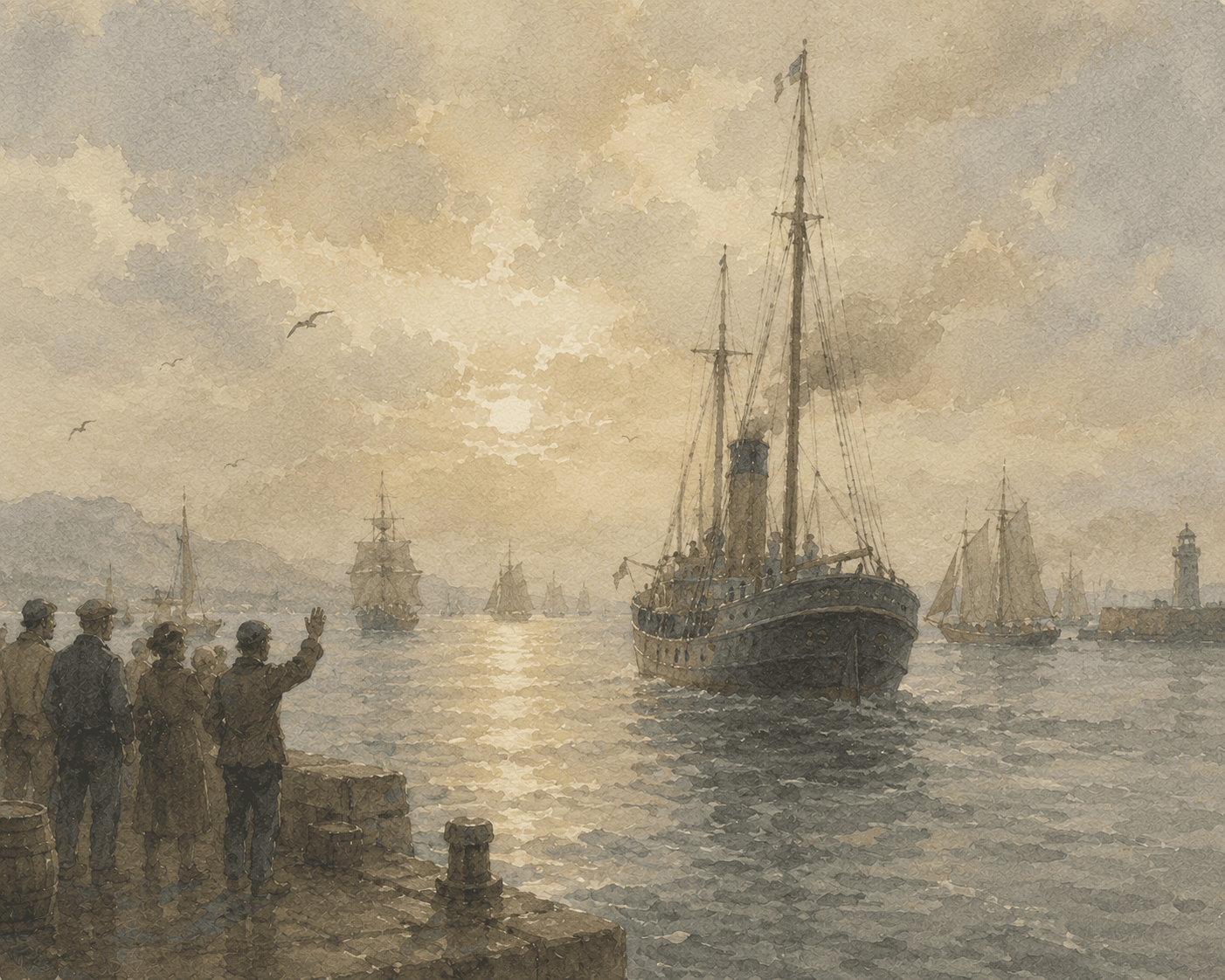 Aquarell: Dampfschiff verlässt den Hafen
