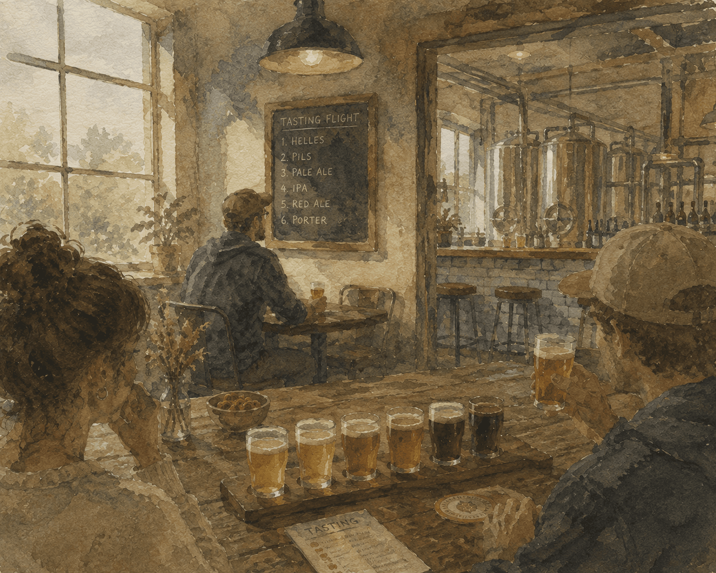 Bierverkostung in der Brauerei: sechs Gläser von hell bis dunkel auf dem Verkostungsbrett, dahinter die Tafel mit dem Tasting Flight und die Sudkessel.