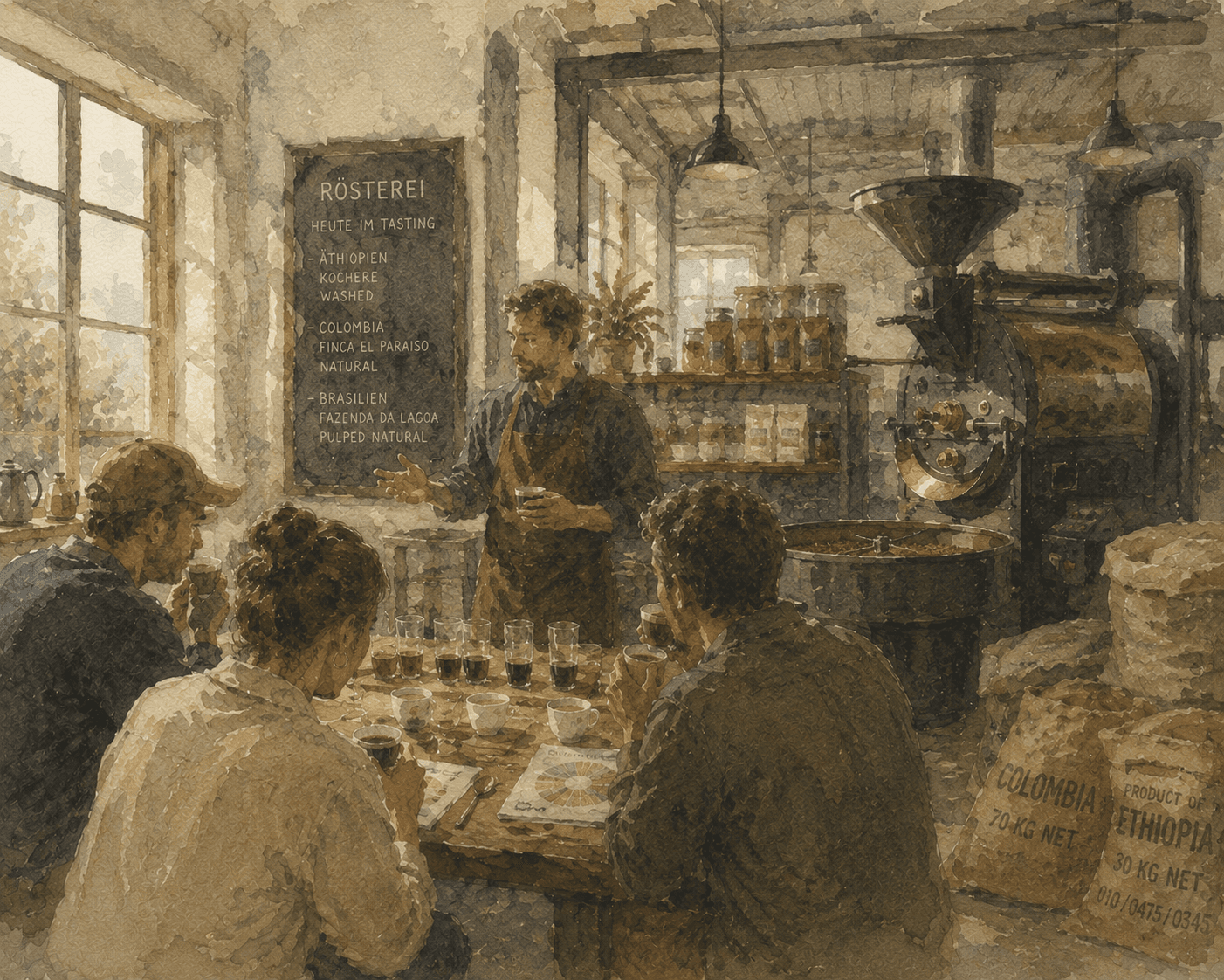 Kaffee Cupping in der Rösterei: Gäste verkosten am Tisch aus Cupping-Gläsern, der Röster erklärt die Herkünfte, dahinter der Trommelröster.